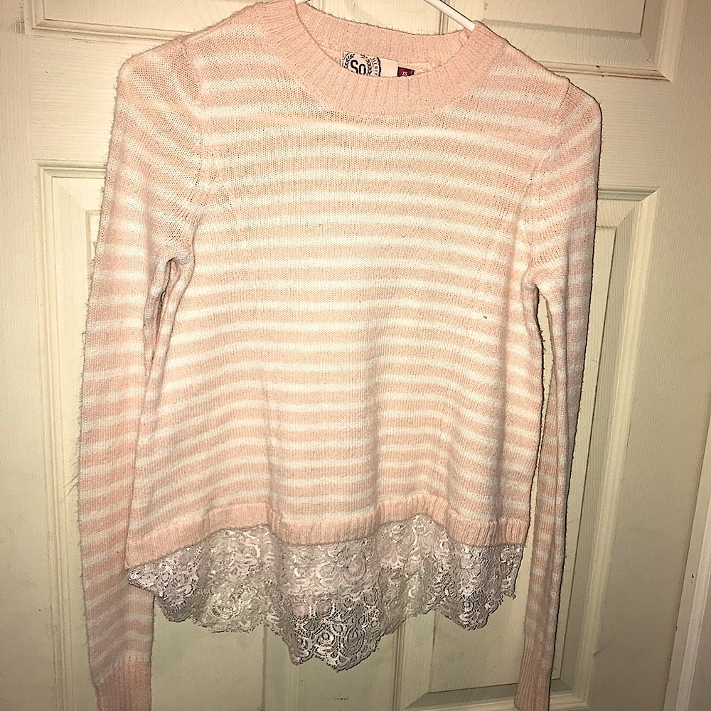 Pink & White Stripped Sweater with Lace on Bottom